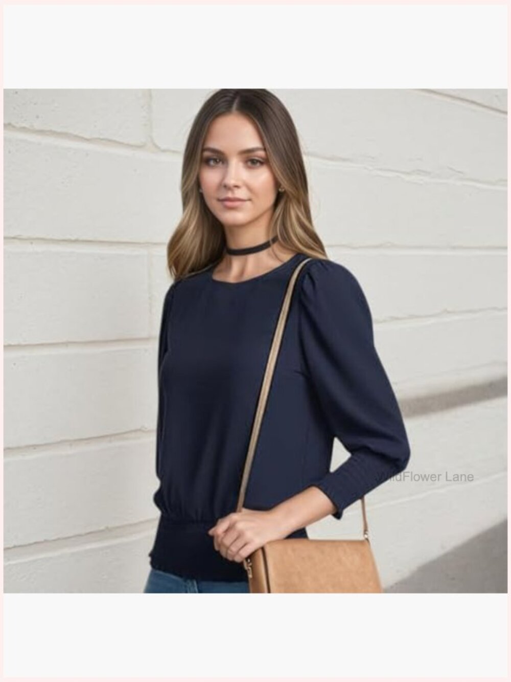 Smocked Elastic Cinched Waist Blouse 3/4 Sleeve Top - Picture 6 of 7